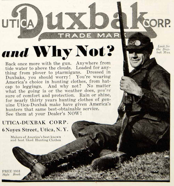 1931 Ad Utica-Duxbak Hunting Clothes Sportsman Outdoorsman