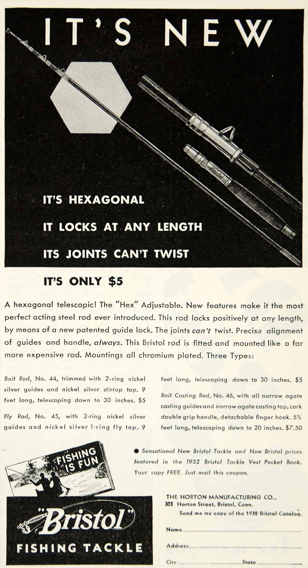 1932 Ad Bristol Hex Fly Casting Bait Fishing Rod Tackle Sportsman YHF1