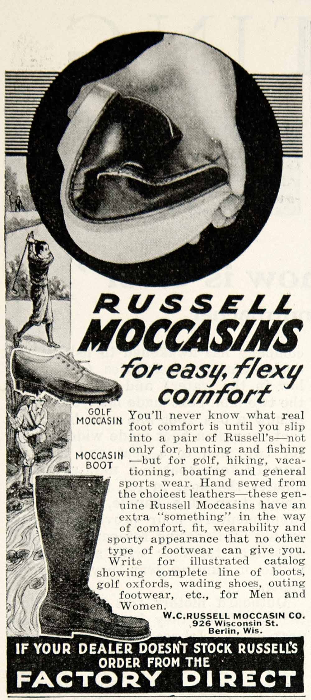 1932 Ad WC Russell Moccasins Boot Golf Shoe Fashion Clothing