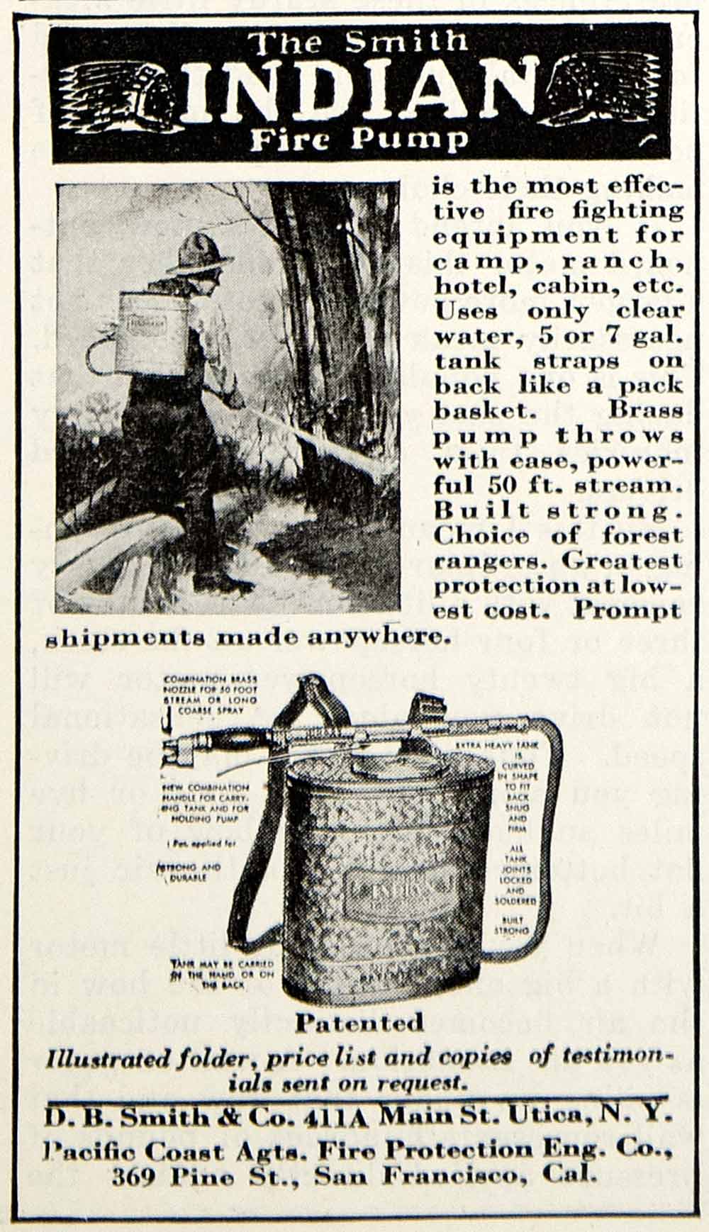 1932 Ad DB Smith Indian Fire Pump Extinguisher 411A Main St Utica New York YHF1