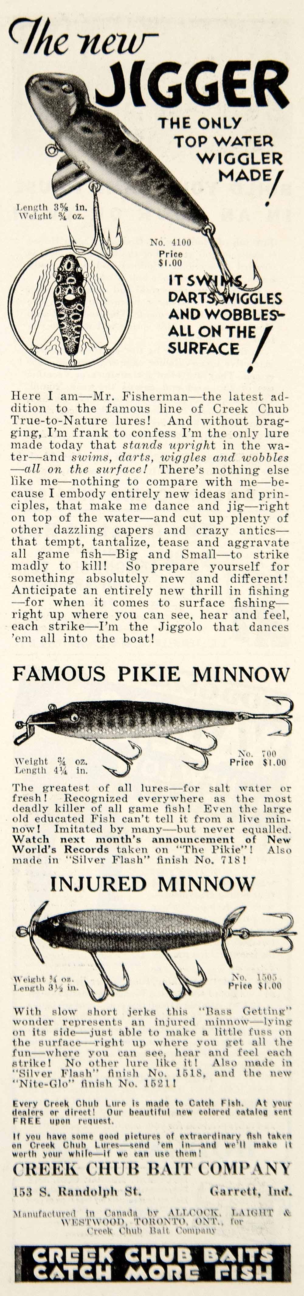 1933 Ad Creek Chub Bait Jigger Pikie Minnow Fishing Lure