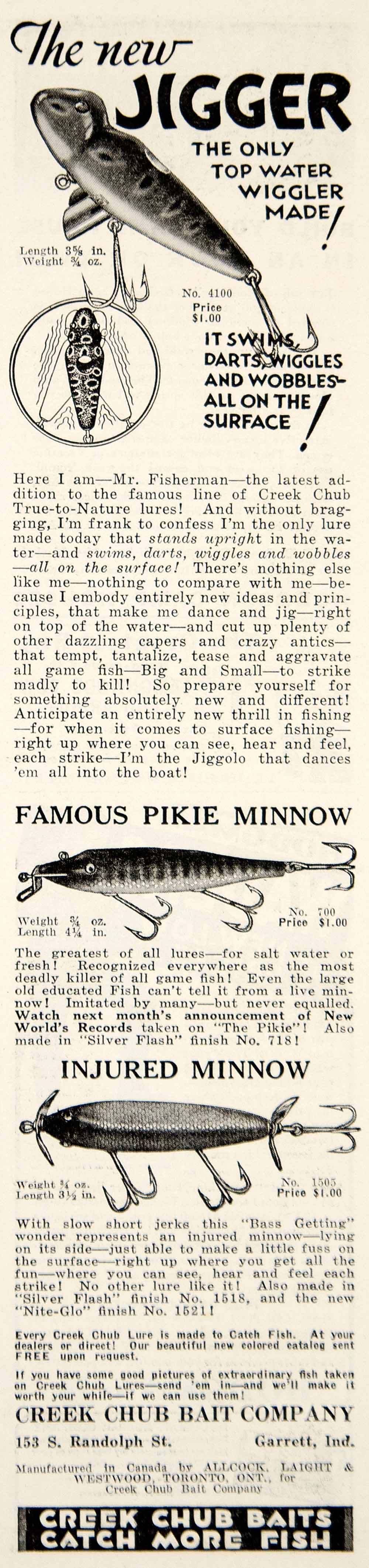 1933 Ad Creek Chub Bait Jigger Pikie Minnow Fishing Lure Tackle Sporting YHF1