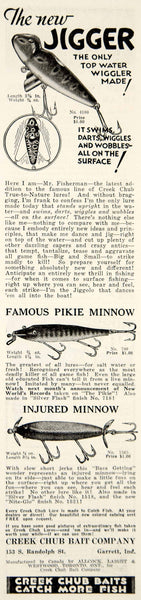 1933 PAPER AD Creek Chub Fishing Lure Lures Shur Strike Baby Pike Jigger aw  Paw