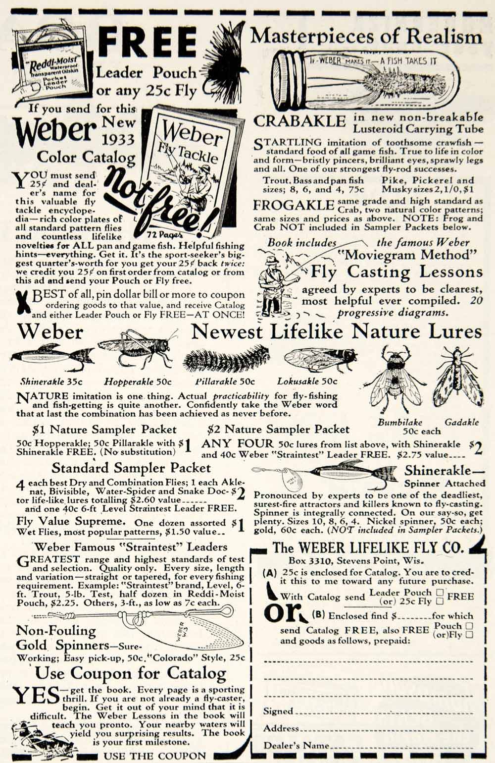 1933 Ad Weber Lifelike Fly Fishing Lure Bait Tackle Sporting Goods YHF1