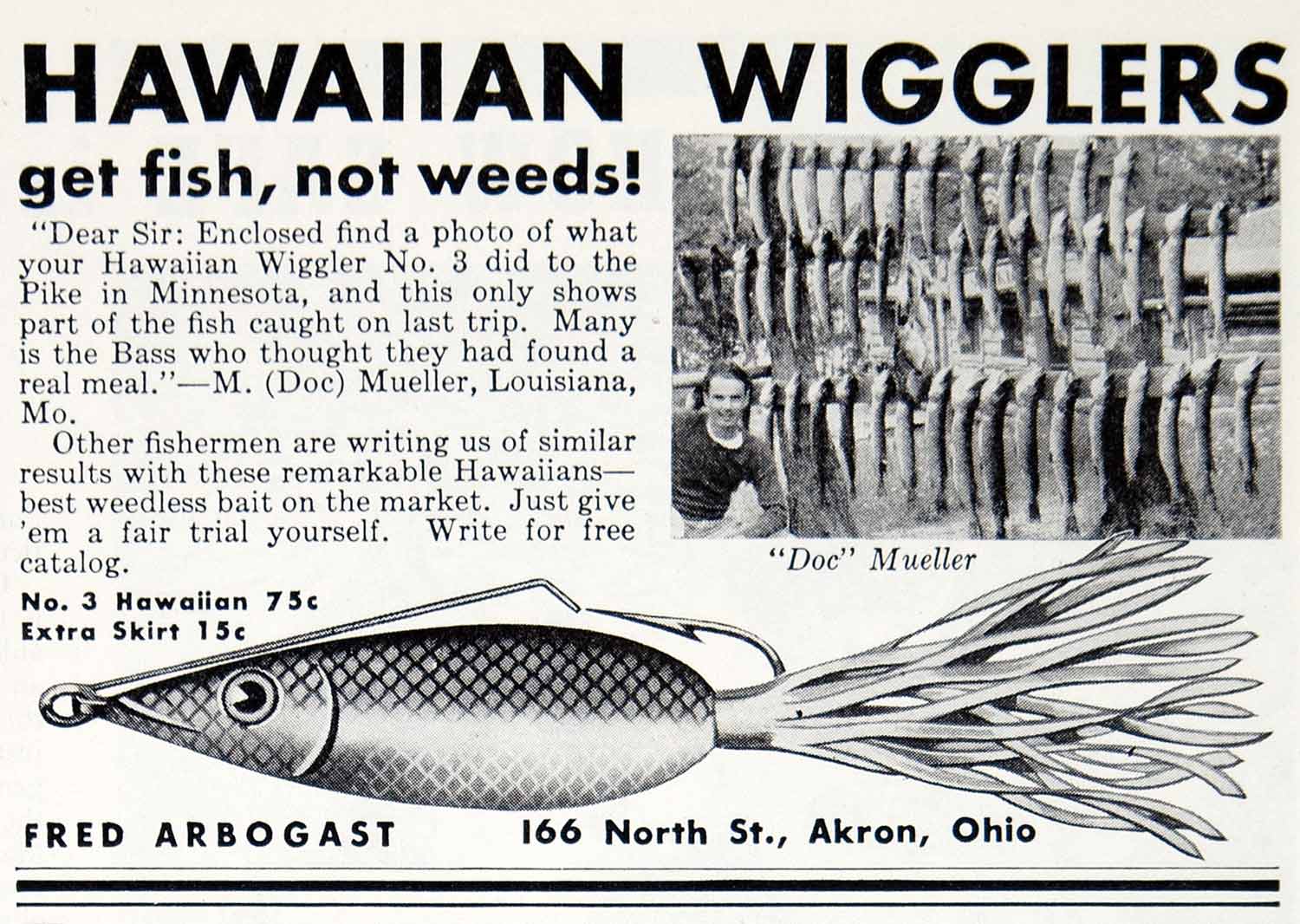 1940 Ad Fred Arbogast Hawaiian Wigglers Fishing Lure Bait Tackle Sporting YHF1