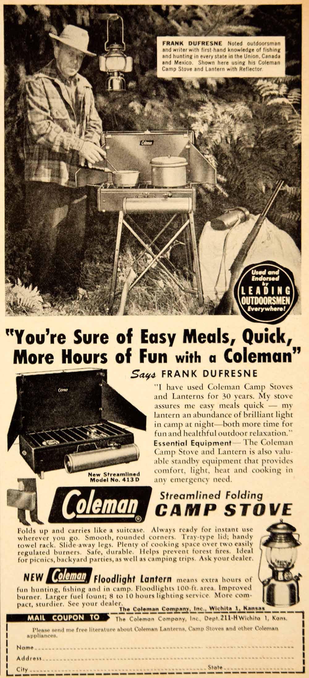 1951 Ad Coleman Camp Stove Floodlight Lantern Frank Dufresne Outdoorsman YHF1