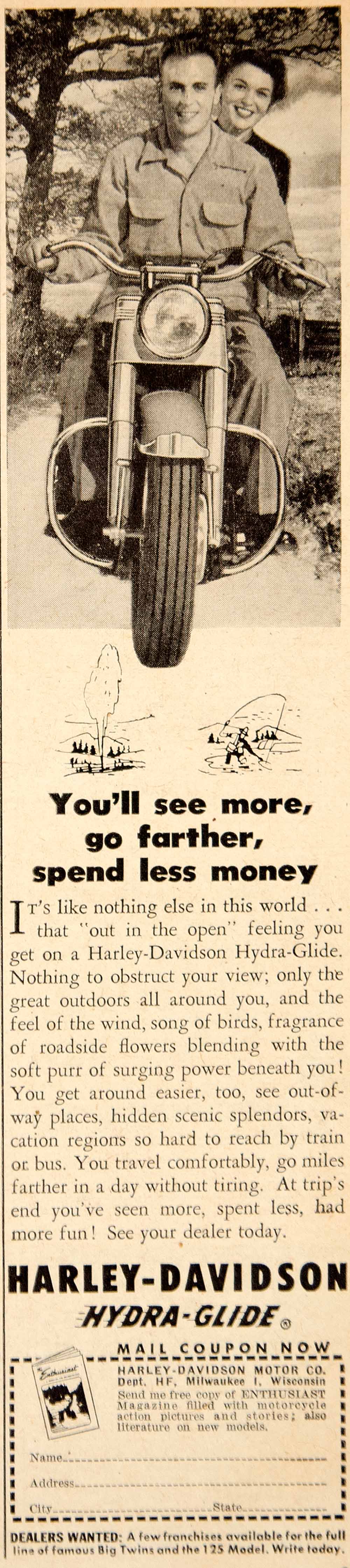 1951 Ad Harley-Davidson Hydra-Glide Motorcycle Transportation Vehicle Biker YHF1