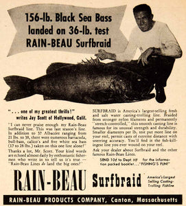 1951 Ad Rain-Beau Surfbraid Fishing Line Sea Bass Bait Tackle Sporting YHF1