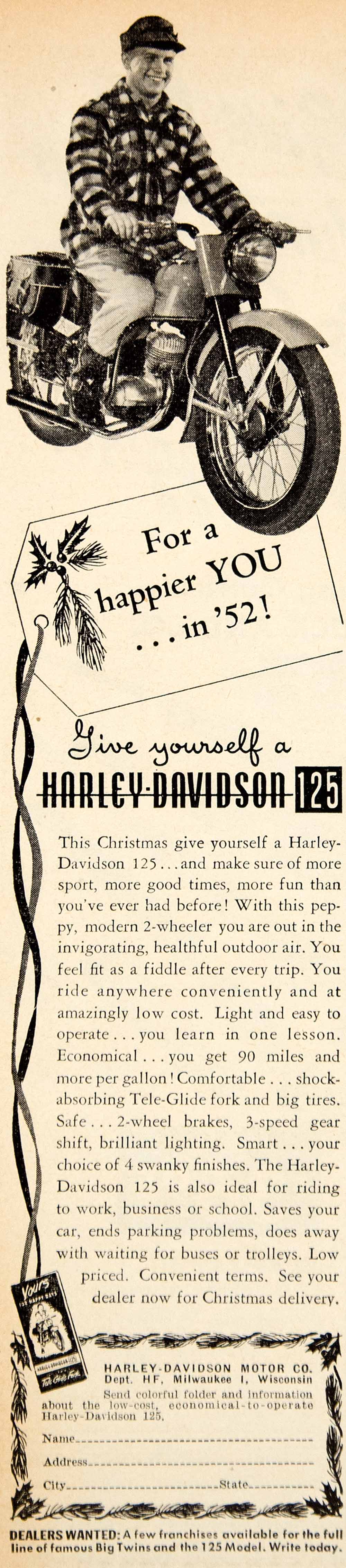 1951 Ad Harley-Davidson 125 Motorcycle Transportation Vehicle Biker YHF1