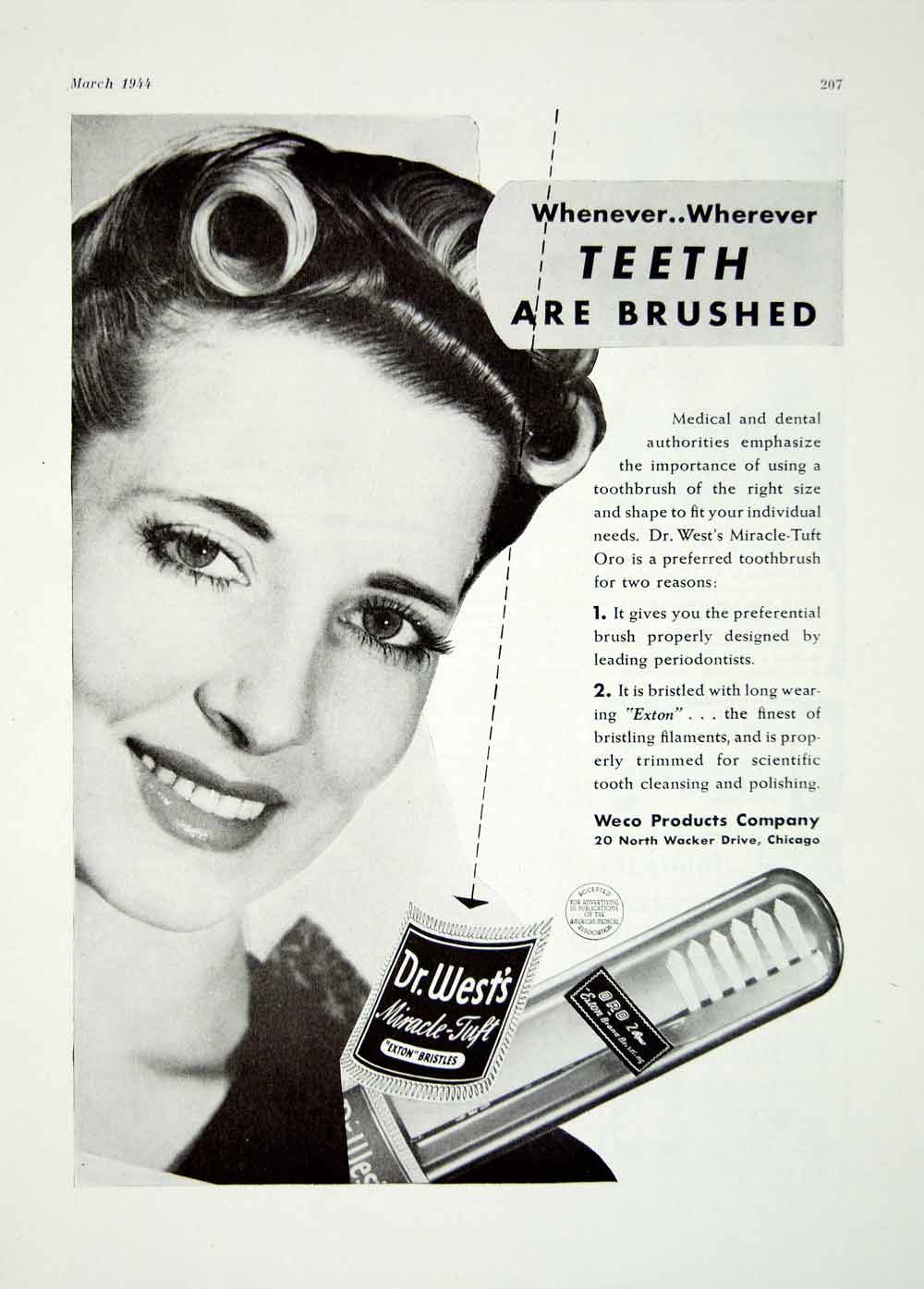 1944 Ad Dr. West Miracle Tuft Exton Bristles Weco Products Woman Oral Care YHH1