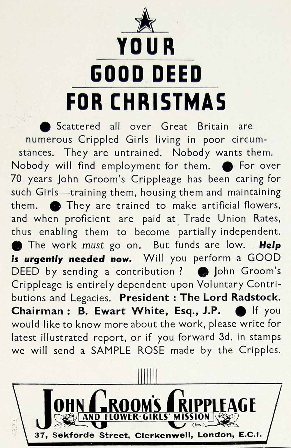1939 Ad John Groom's Crippleage 37 Sekforde Street Clerkenwell London YHL1