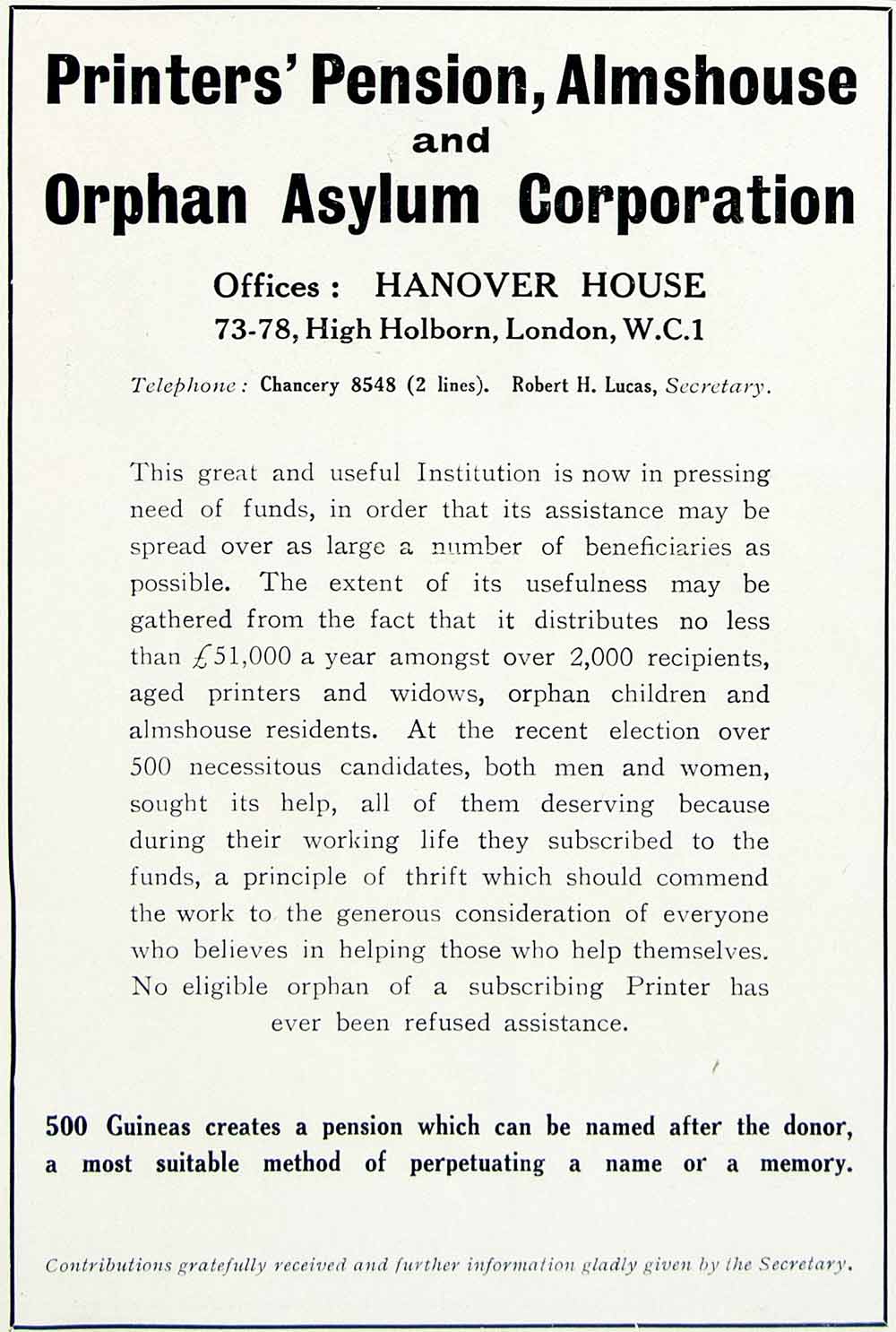 1939 Ad Orphan Asylum Honover House 73 High Holborn London Almshouse YHL1