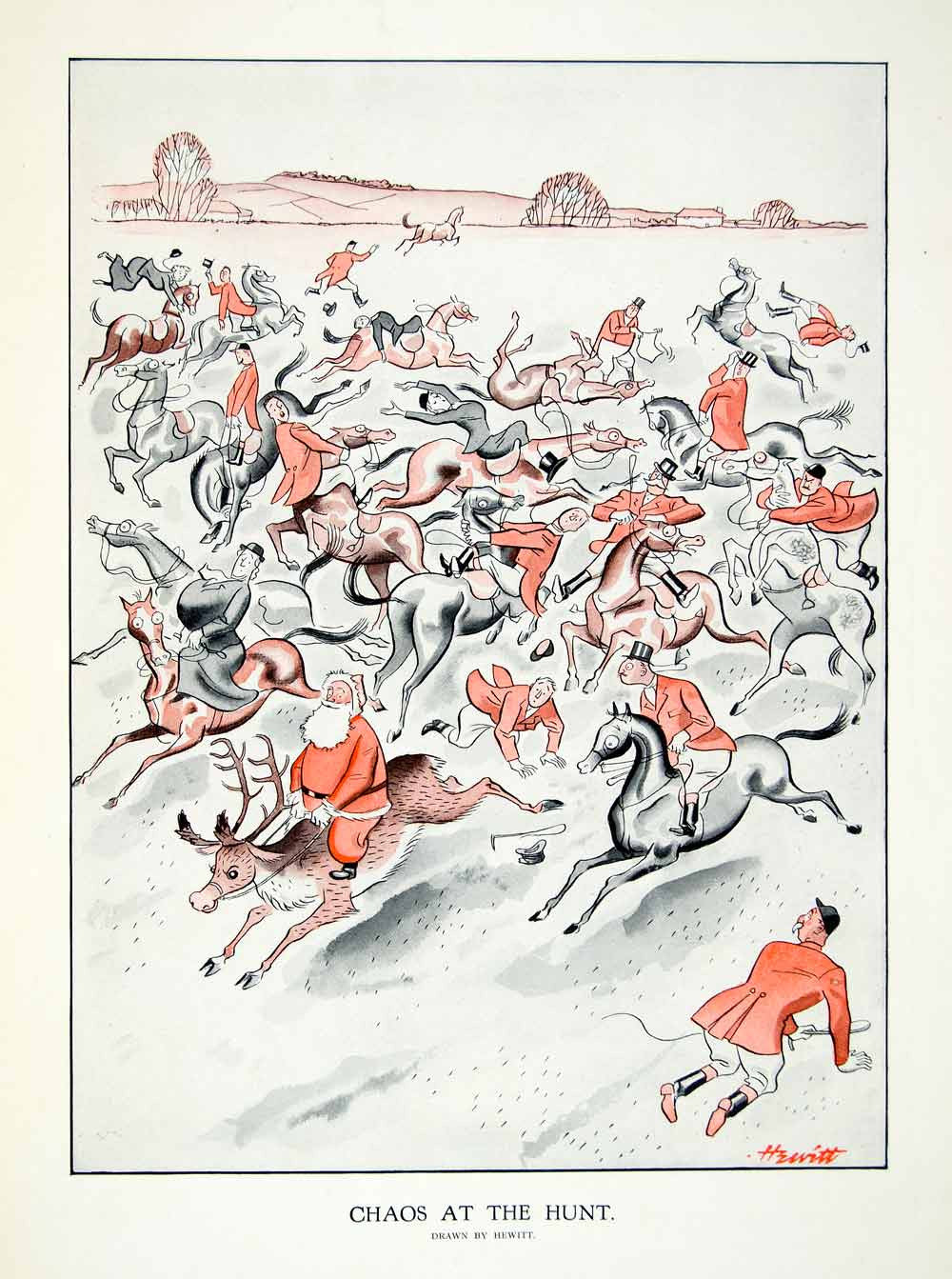 1939 Color Print Chaos Hunt Santa Reindeer Hewitt Red Horse Funny Humor YHL1 - Period Paper
