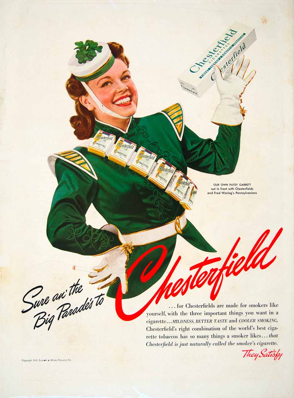 1941 Ad Chesterfield Cigarettes Ligght Myers Tobacco Shamrock Carton Pack YHM1