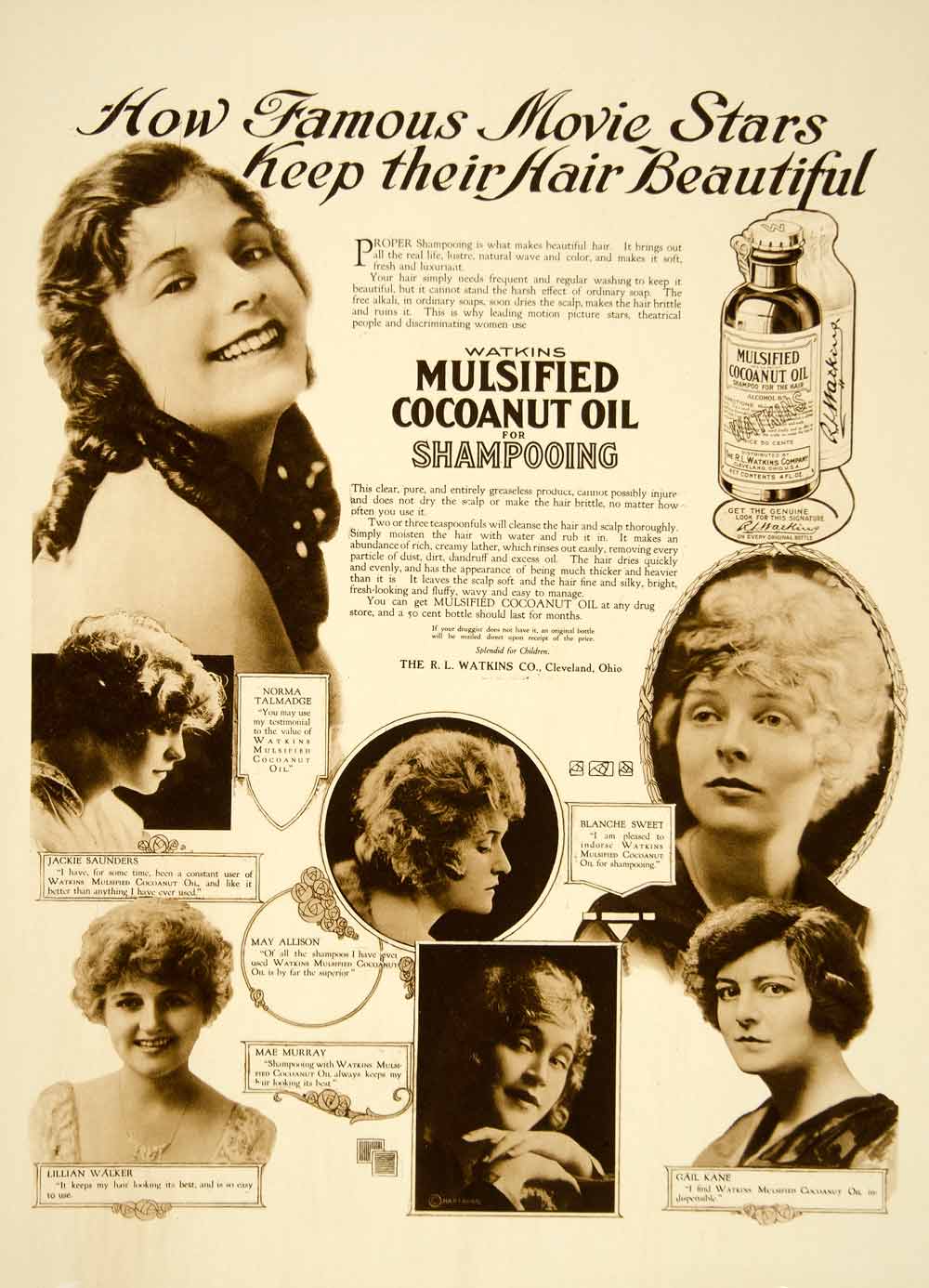 1918 Ad Watkins Mulsified Coconut Shampoo Health Beauty Women Bottle YHM2