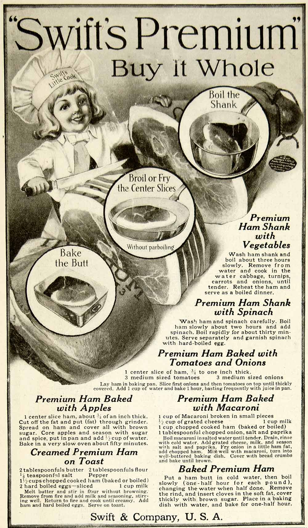 1916 Ad Child Chef Cooking Swift Premium Meat Ham Little Cook Mascot Iconic YHM2