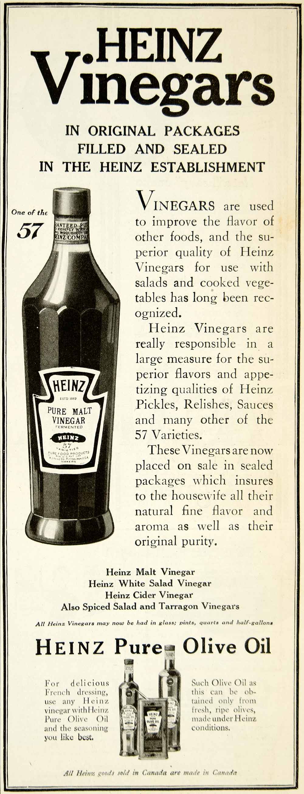 1916 Ad Heinz Pure Malt Vinegar Olive Oil Bottle Jar 57 Food Condiments YHM2