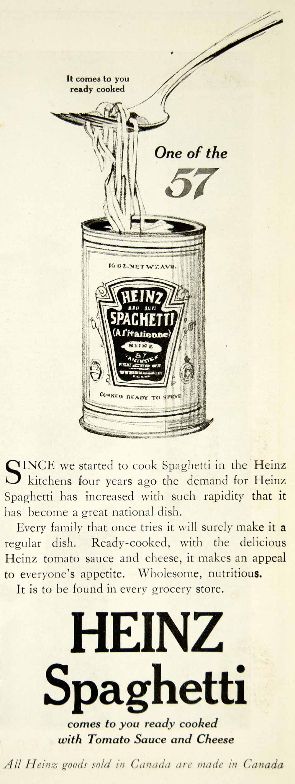 1916 Ad Heinz Spaghetti Can Cooked Fork Food Tomato Sauce Logo Typography YHM2