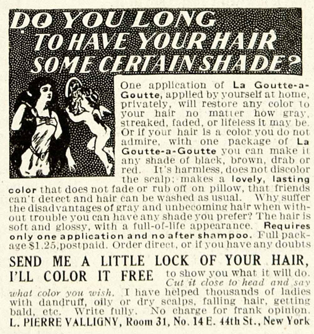 1916 Ad La Goutte-a-Goutte Hair Dye Color Cupid Mirror Type L Pierre YHM2