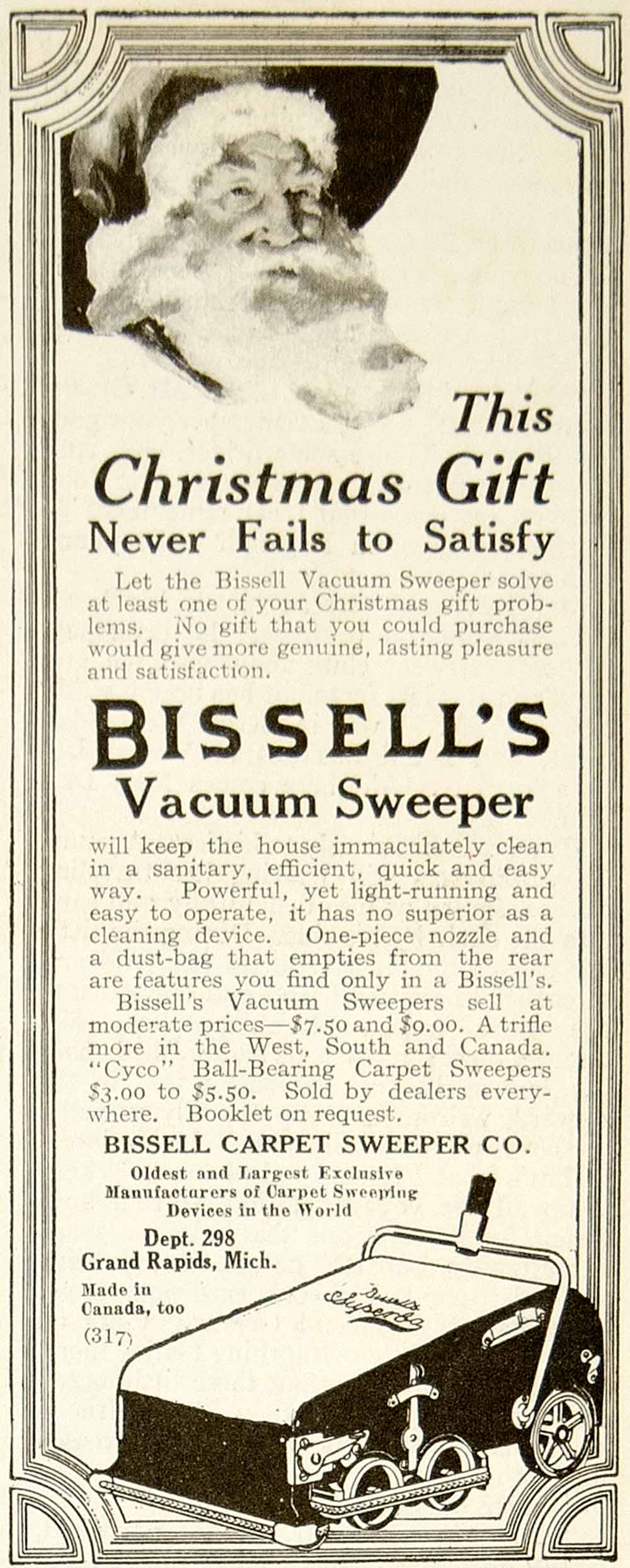 1916 Ad Bissell Vacuum Sweeper Carpet Company Santa Claus Wheel Machinery YHM2