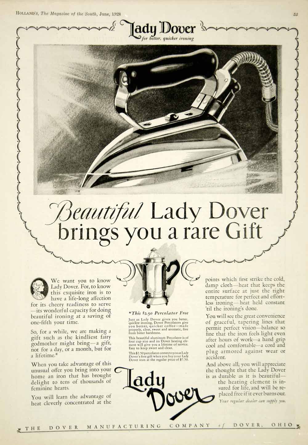 1928 Ad Iron Lady Dover Manufacturing Ohio Household Appliance Housewife YHM3