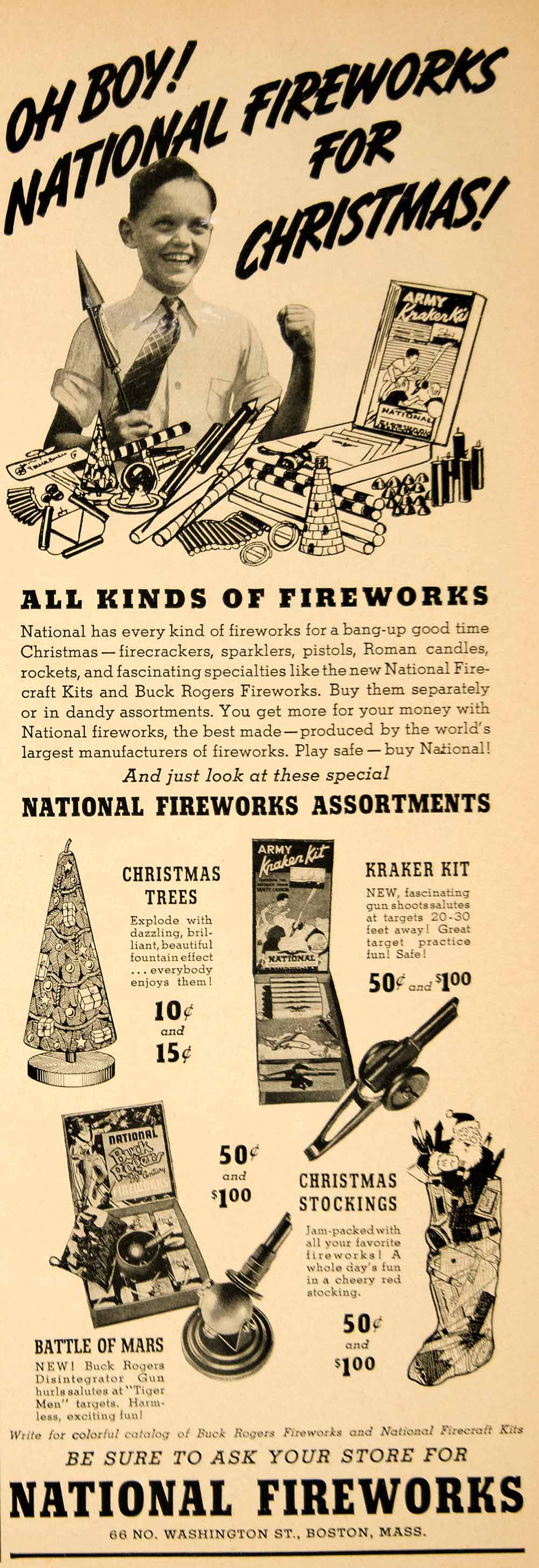 1937 Ad Christmas National Fireworks Stocking Stuffer Boy Tree Kraker Kit YHM3