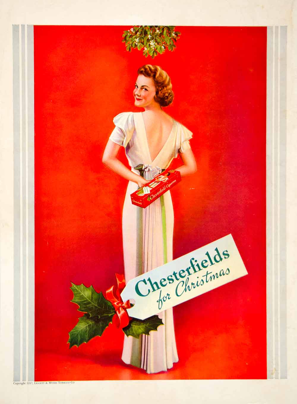 1938 Ad Chesterfields Cigarettes Christmas Holly Present Mistletoe Holiday  YHM3