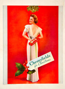 1938 Ad Chesterfields Cigarettes Christmas Holly Present Mistletoe Holiday YHM3
