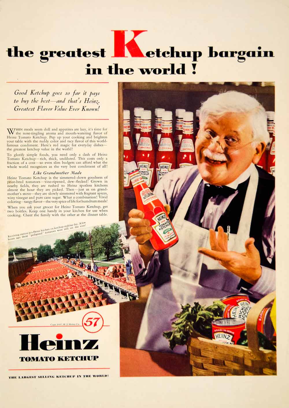 1937 Ad H. J. Heinz Tomato Ketchup 57 Flavors Grocer Condiment Food Paste YHM3
