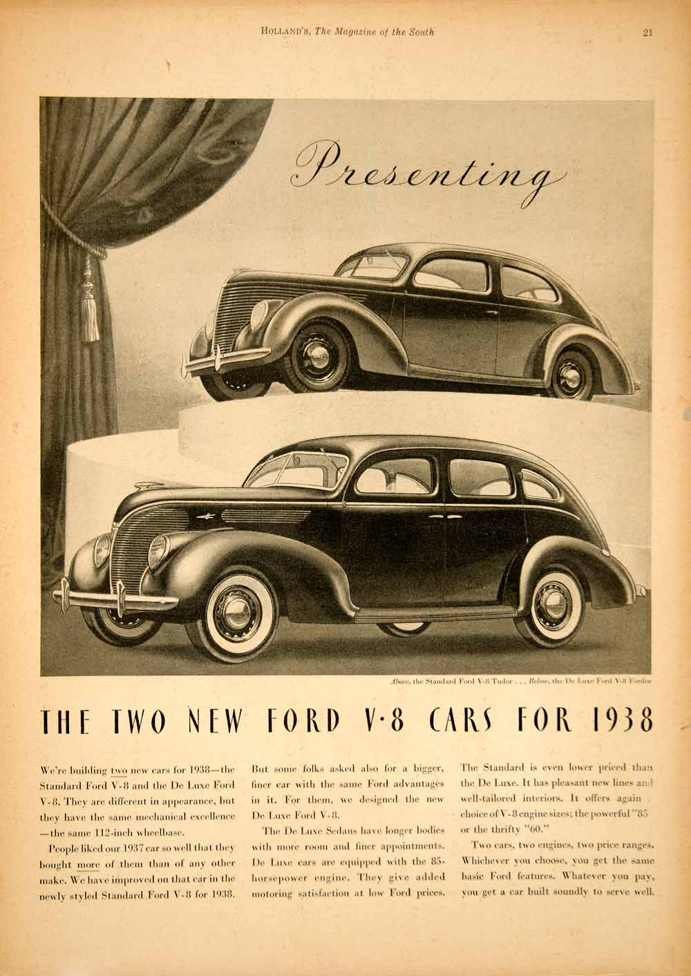 1937 Ad Ford Cars Automobiles Standard V-8 Tudor Two Door Fordor Four Sedan YHM3