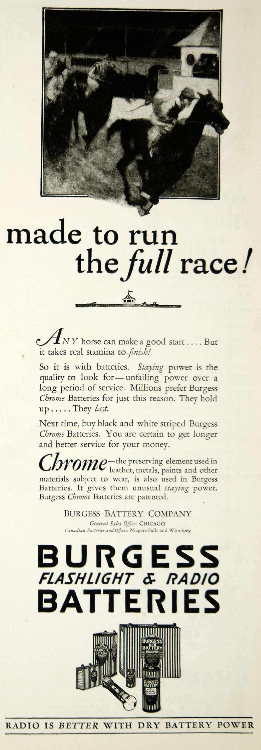 1928 Ad Burgess Flashlight Radio Batteries Horse Race Chrome Power Chicago YHM3