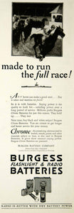 1928 Ad Burgess Flashlight Radio Batteries Horse Race Chrome Power Chicago YHM3