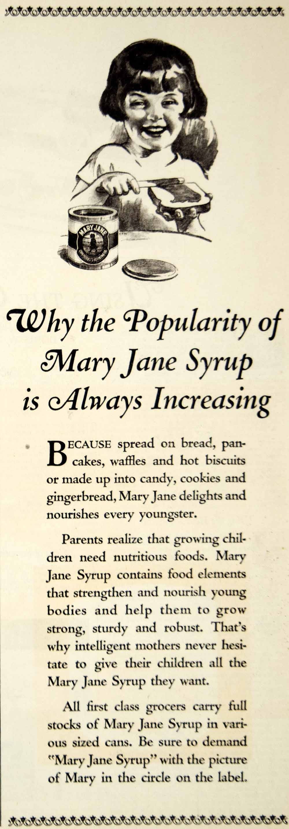 1928 Ad Mary Jane Syrup Child Kid Girl Breakfast Pancake Toast Food Biscuit YHM3