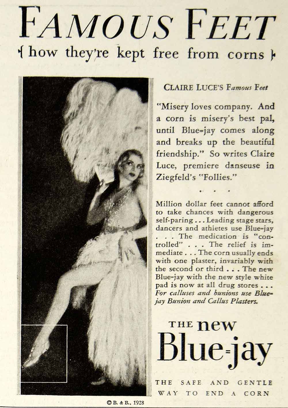 1928 Ad Blue Jay Bunion Callus Plasters Dancer Claire Luce Ziegfeld Follies YHM3