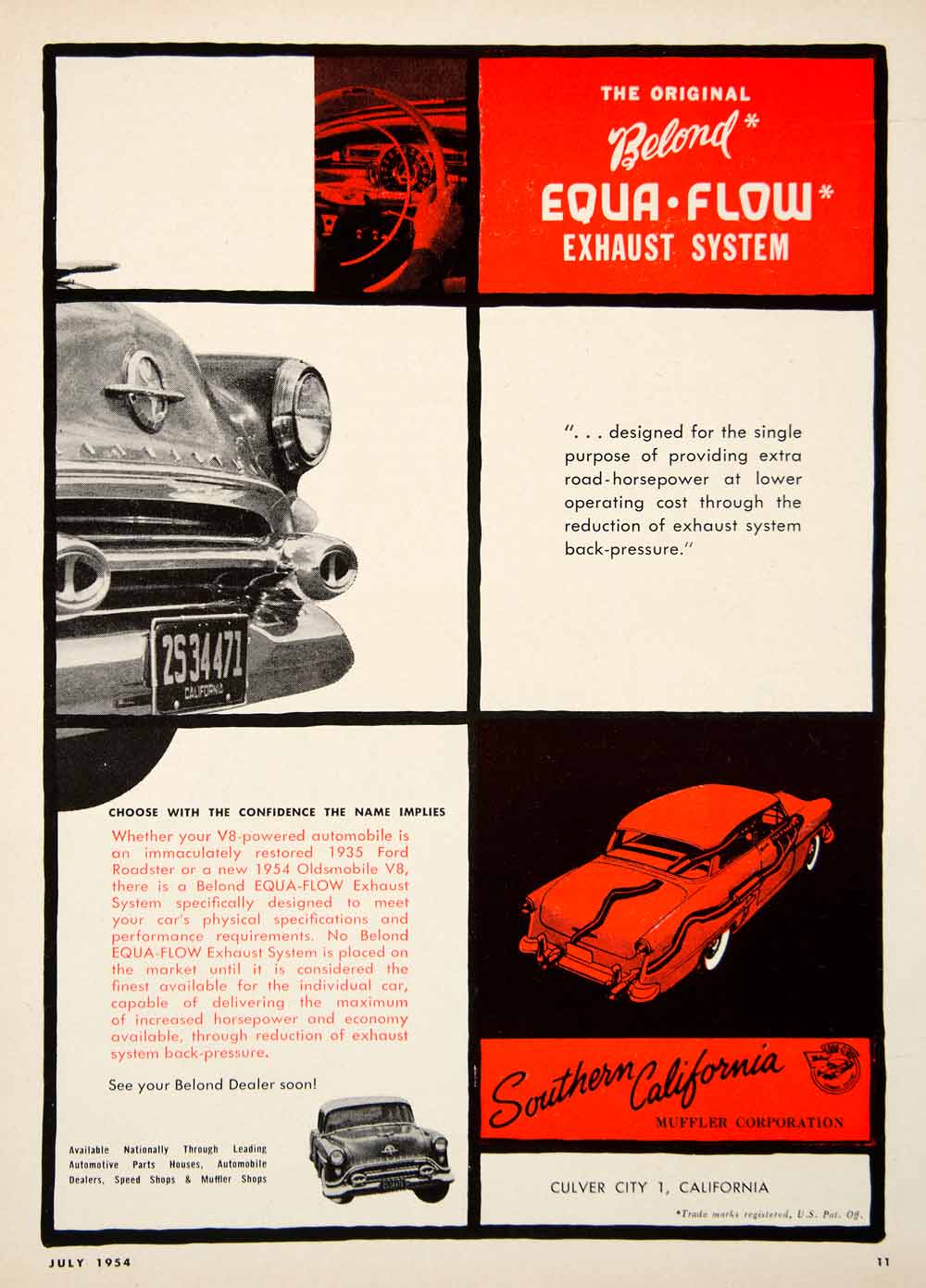 1954 Ad Belond Equa-Flow Exhaust System Muffler Automotive Part Culver City YHR1