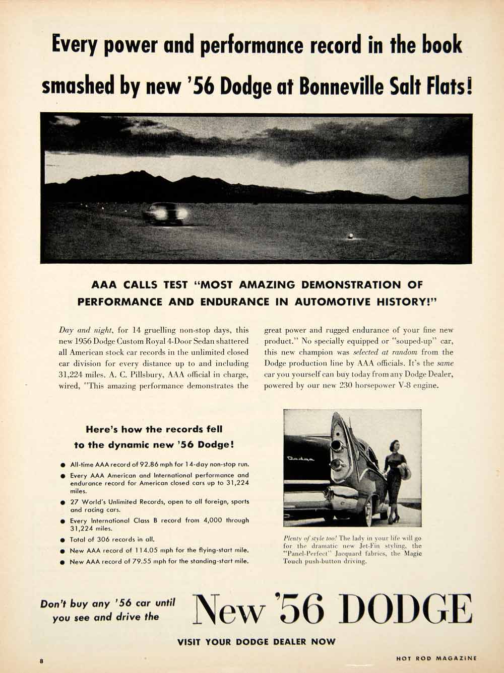 1955 Ad Dodge AAA Bonneville Salt Flats Royal 4-Door Sedan Pillsbury Record YHR1