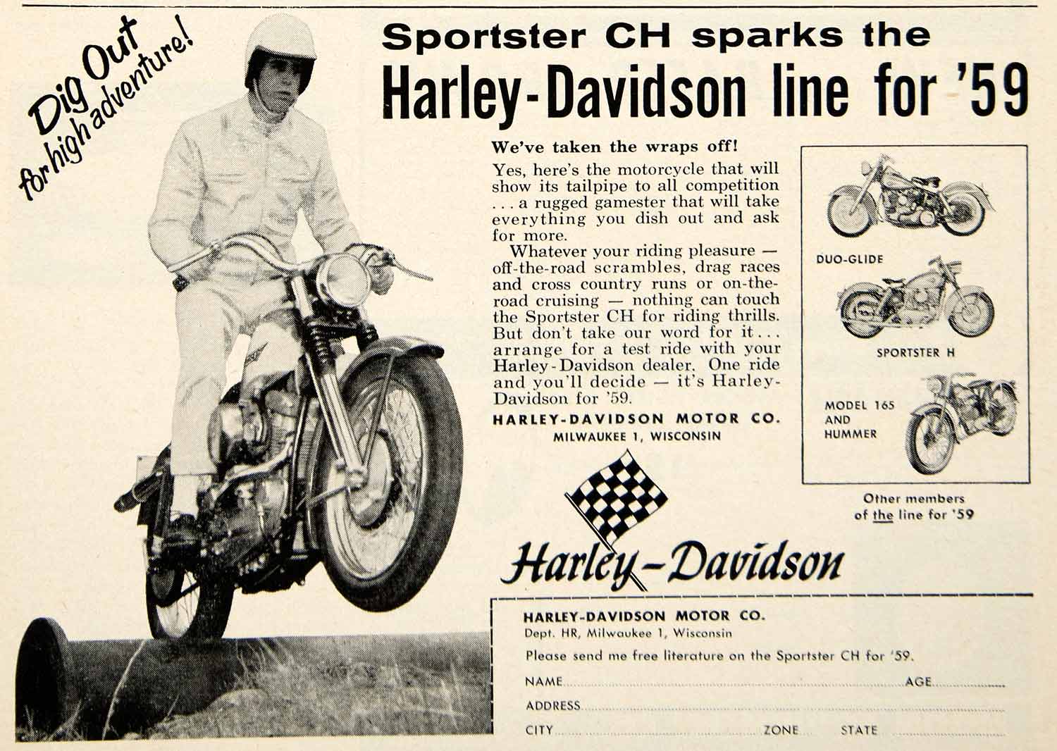 1958 Ad Harley-Davidson Motorcycle Motorbike Milwaukee Gamester Rider YHR1