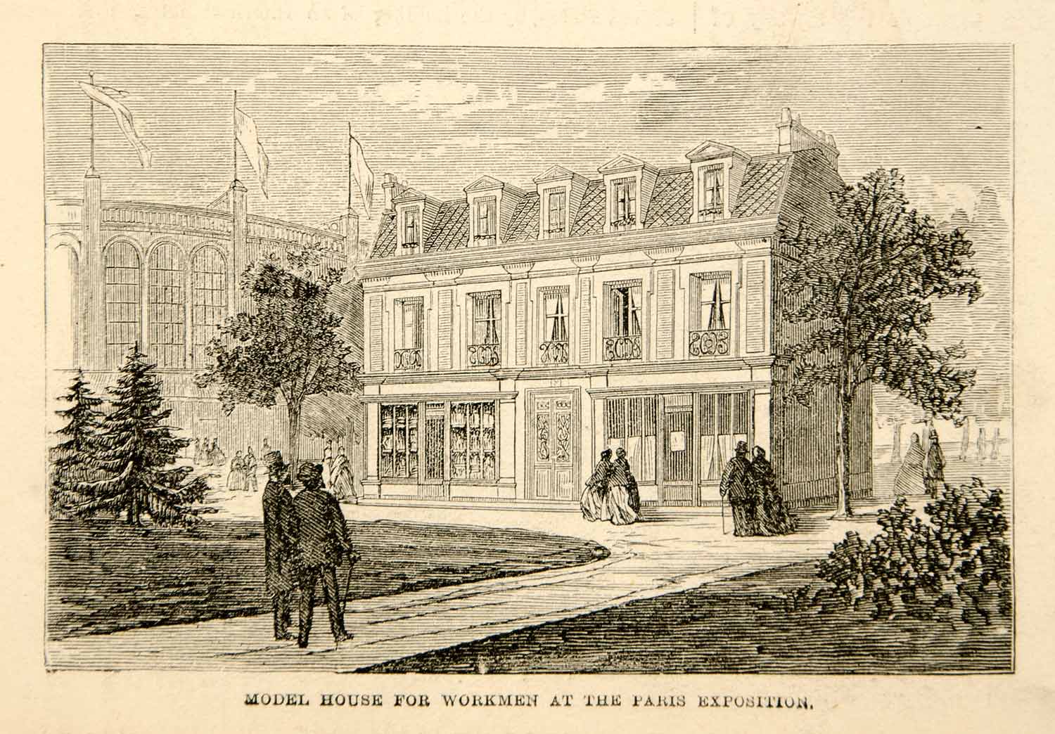 1876 Wood Engraving Model House Workmen Paris Exposition Building YHR2