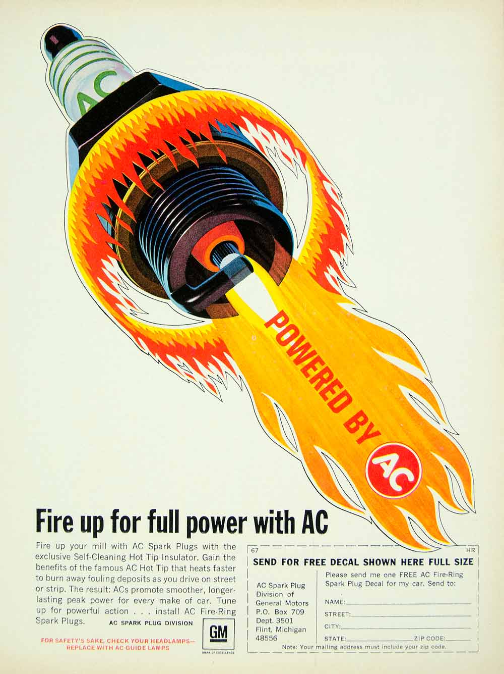 1967 Ad Vintage AC Fire-Ring Spark Plugs Automobiles Cars General Motors GM YHR3