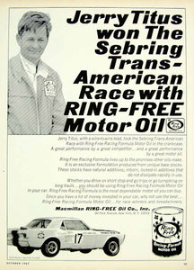 1967 Ad Macmillan Ring-Free Motor Oil Jerry Titus Sebring Trans-Am Car Race YHR3