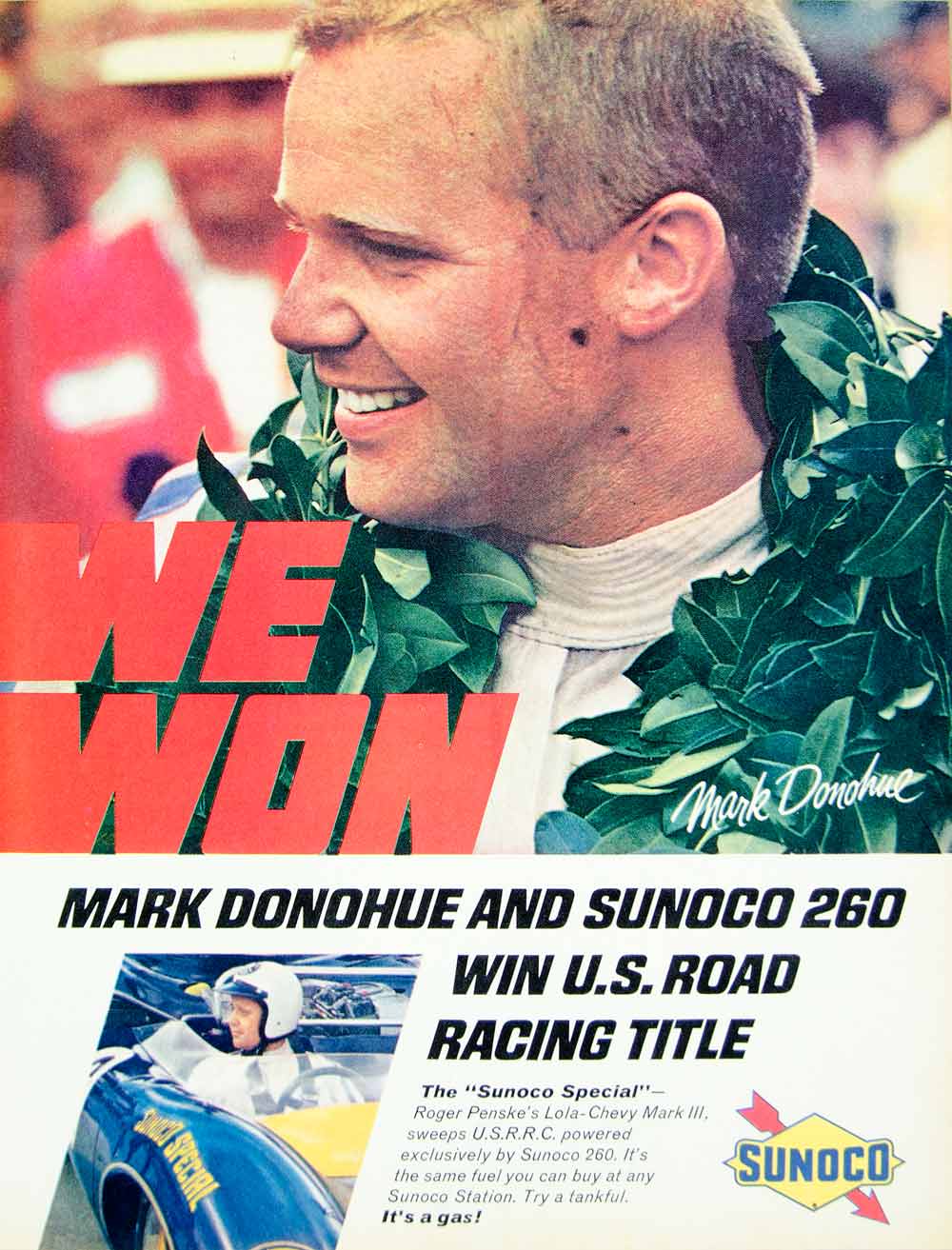 1967 Ad Vintage Sunoco 260 Gasoline Gas Mark Donohue Race Car Driver Racing YHR3