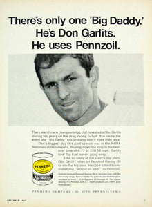 1967 Ad Pennzoil Racing Oil Don Garlits "Big Daddy" Drag Race Car Driver YHR3