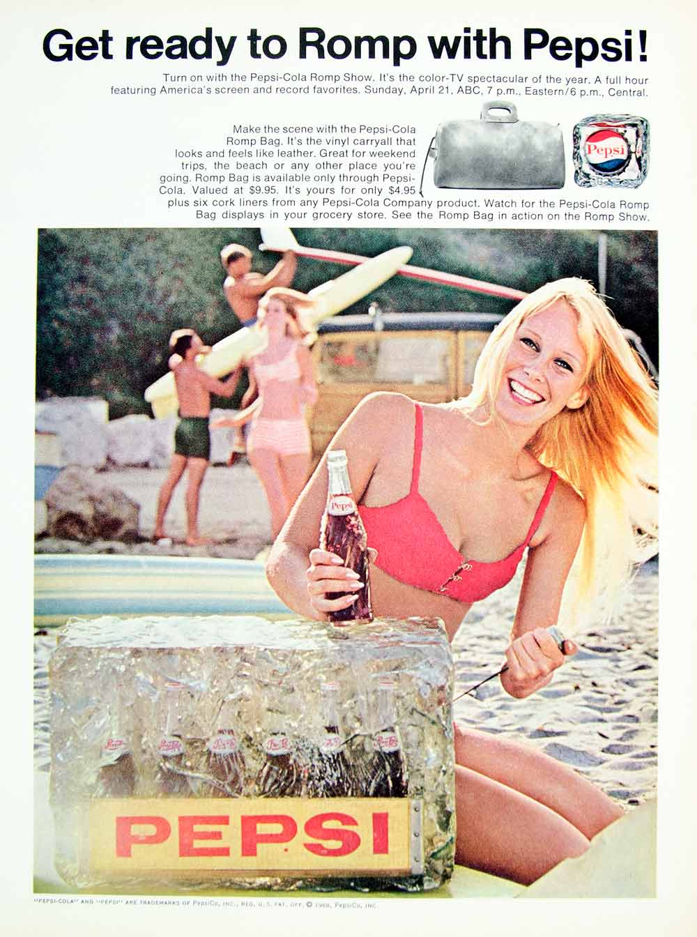 1968 Ad Vintage Pepsi-Cola Pepsi Romp Show Bag Ice Soda Beverage Surfers YHR3