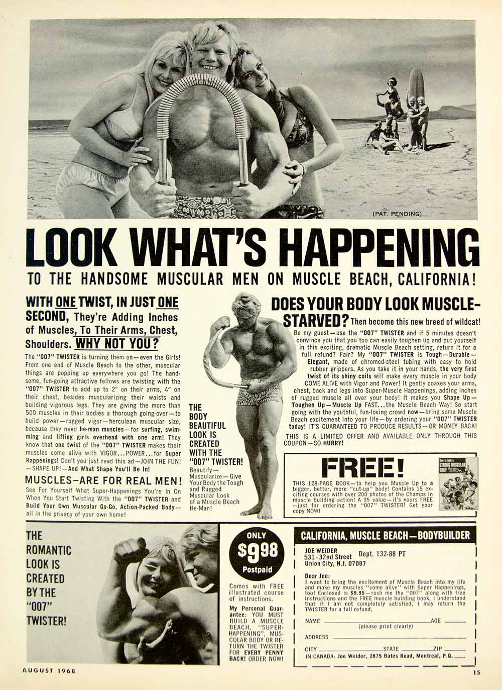 1968 Ad Vintage Joe Weider Bodybuilder 007 Twister Muscle Beach CA Fitness YHR3