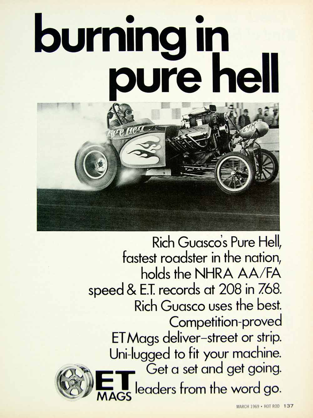 1969 Ad Vintage ET Mag Wheels Rich Guasco Pure Hell Roadster Drag Racing YHR3