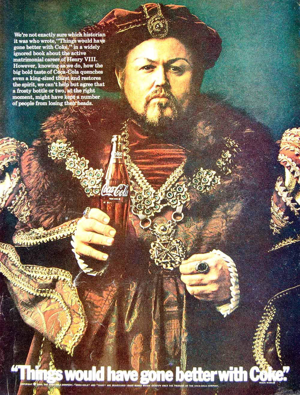 1969 Ad Coca-Cola Coke Soda King Henry VIII Eighth Renaissance Costume Hat YHR3