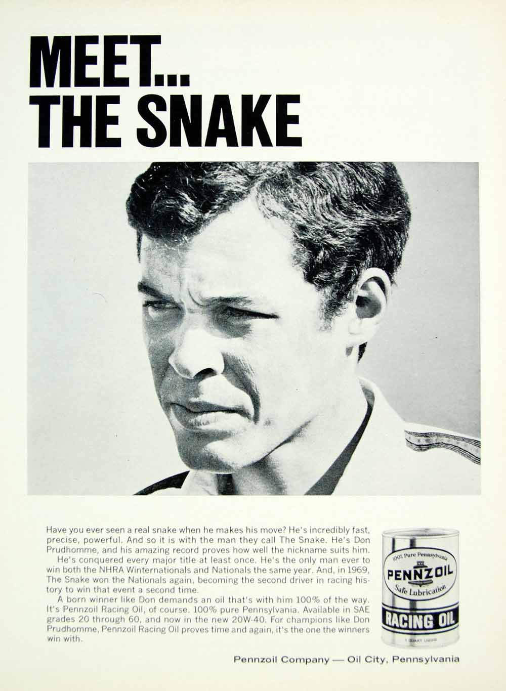 1969 Ad Vintage Penzoil Racing Motor Oil Don Prudhomme The Snake Drag Race YHR3