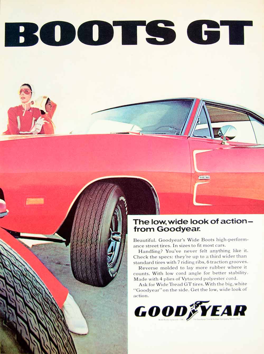 1969 Ad Vintage Goodyear Wide Boots Tread GT Tires Automobile 60's Fashion YHR3
