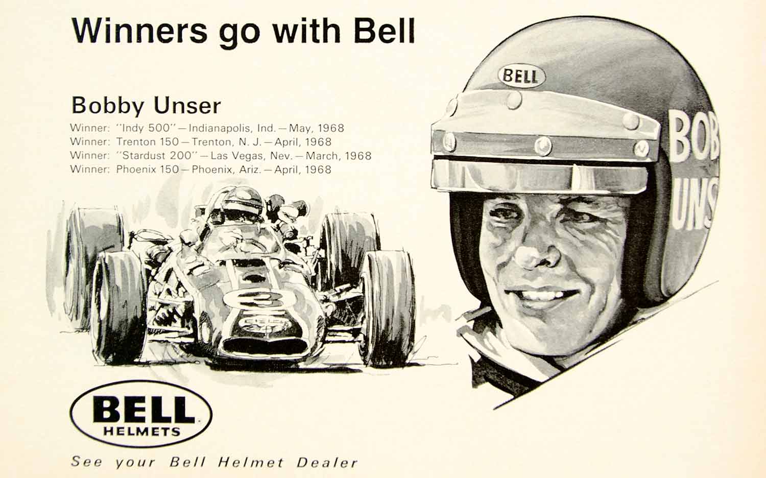 1968 Ad Vintage Bell Helmet Bobby Unser Race Car Driver Champion Racing YHR3 1968 Ad Vintage Bell Helmet Bobby Unser Race Car Driver Champion Racing YHR3