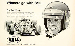 1968 Ad Vintage Bell Helmet Bobby Unser Race Car Driver Champion Racing YHR3